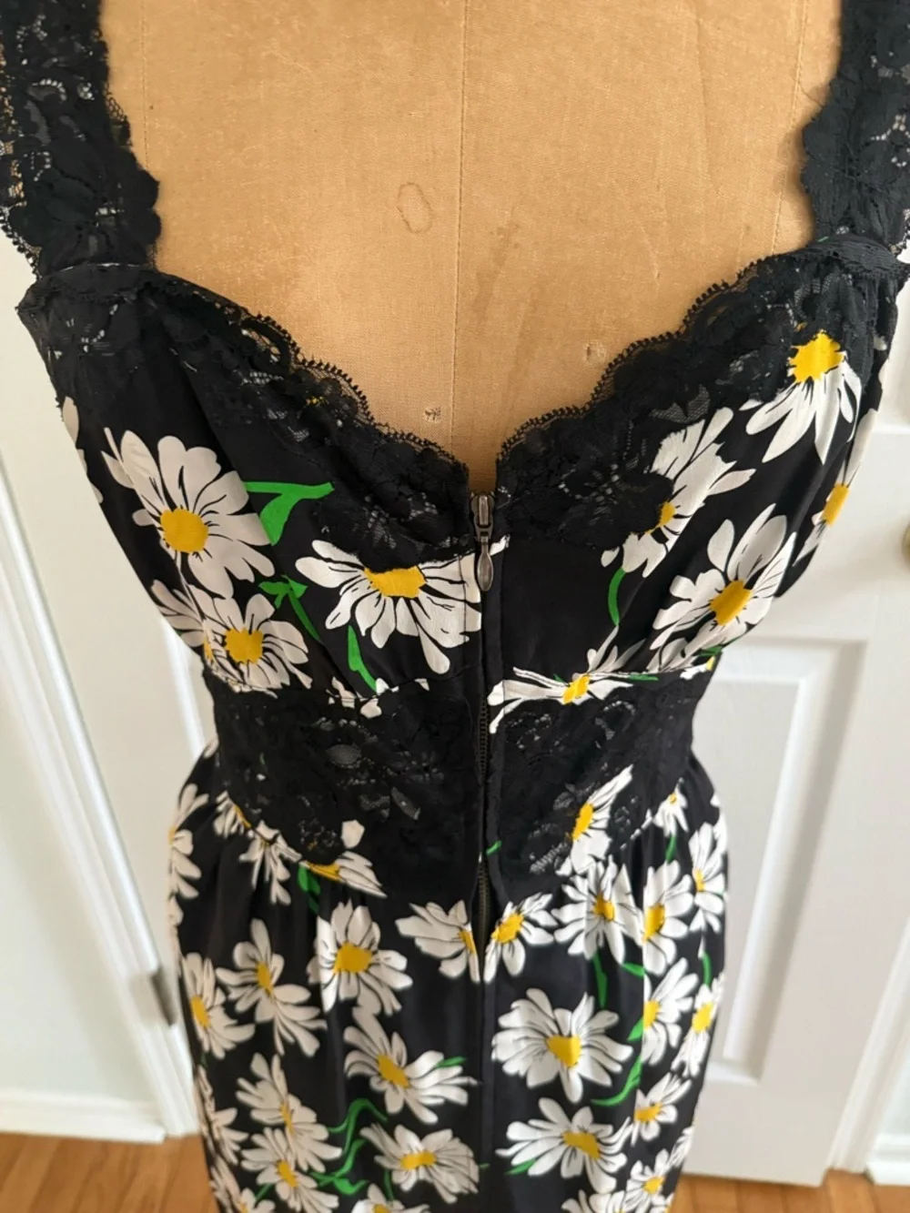Betsey Johnson Black Midi Dress with White & Yellow Daisy Print - Picture 3 of 5